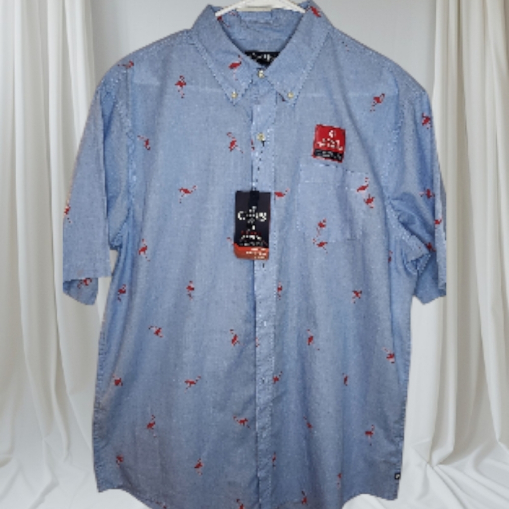 Chaps Easy Care Light Blue Red Flamingo Print Short Sleeve Shirt. Size L - Picture 4 of 11